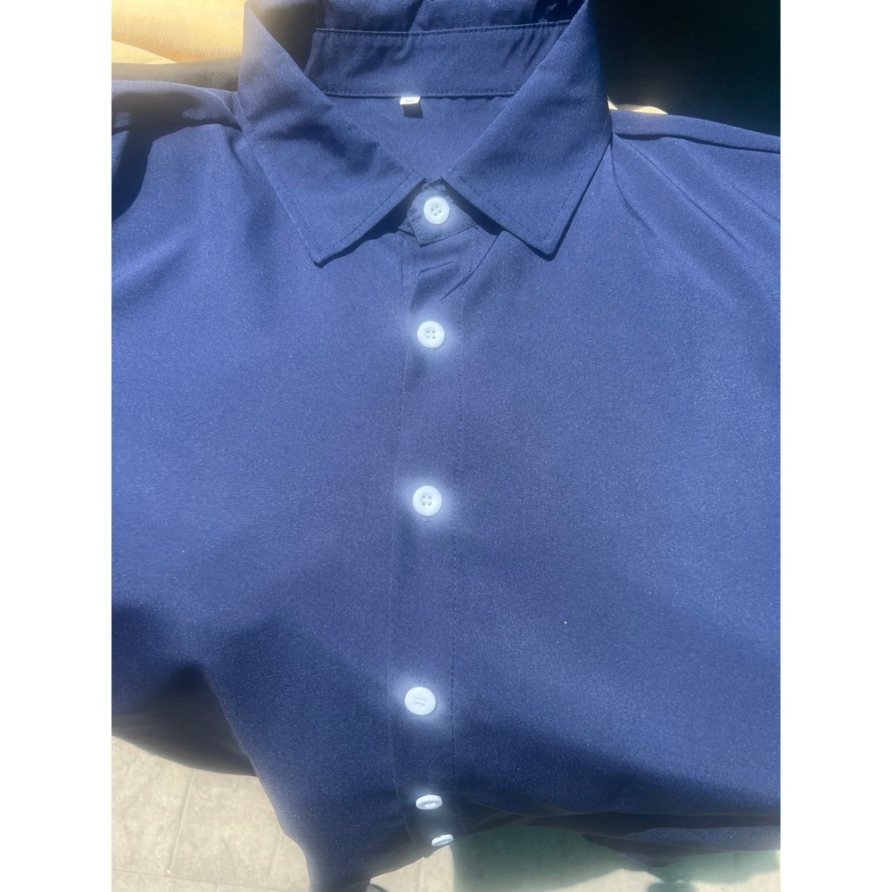 Navy Blue Long Sleeve Button Down Shirt Mens XL Stretch Polyester Blend Navy